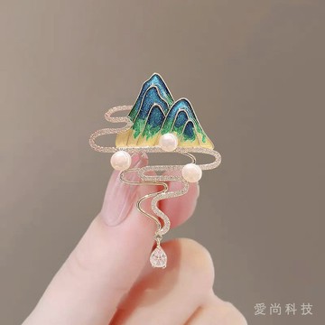 新款中國風山水天下珍珠款文藝胸針女高級感高端大氣設計胸花配飾