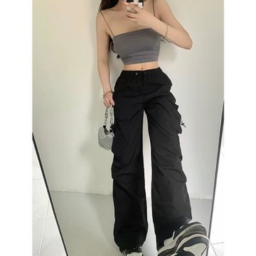 叛逆日記 大口袋工裝褲玫紅色歐美風復古高腰寬松直筒闊腿褲長褲