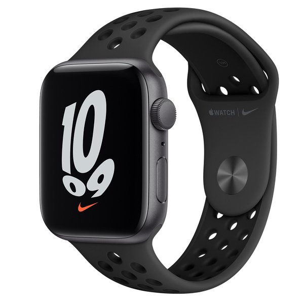 Apple Watch Nike SE (GPS)；44 公釐太空灰色鋁金屬錶殼；Anthracite 配黑色 運動型錶帶 -