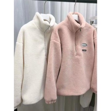 白水女套頭衛衣女2025秋冬寬松韓版仿羊羔毛高領絨衫外套毛絨上衣