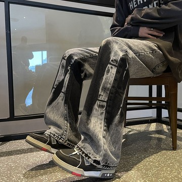 【現貨速發】美式設計感紮染牛仔褲 男款 直筒潮牌痞帥 炸街 褲子高腰顯瘦 微喇長褲 老林