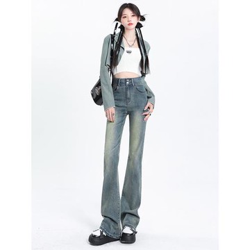 高腰微喇牛仔褲女175春裝新款高個子加長喇叭褲美式復古馬蹄褲女