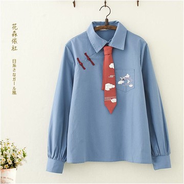 漢元素仙鶴印花長袖襯衫女春裝學生少女古風盤扣領帶襯衣套頭上衣