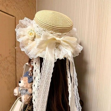 森系遮陽帽 草帽 田園風 軟妹 Lolita 蝴蝶結 飄帶 沙灘帽 蕾絲 大帽簷 防曬帽