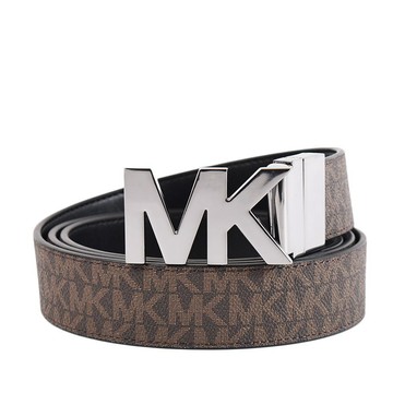 MICHAEL KORS 男款 銀字MK緹花LOGO防刮雙面用窄版皮帶-咖啡色黑