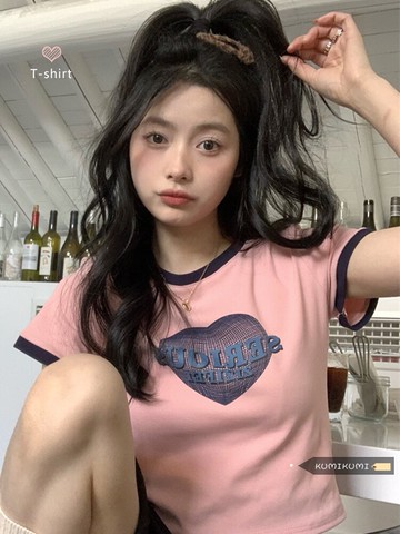 甜辣風撞色短袖T恤女2022夏季粉色短款露臍上衣chic打底衫ins潮