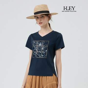 ILEY伊蕾 V領撞色膠印純棉上衣(深藍；M-2L)