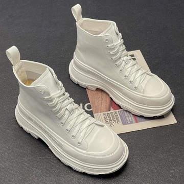 白色高幫鞋男冬季新款潮流馬丁靴個性休閑中幫短靴百搭內增高鞋子