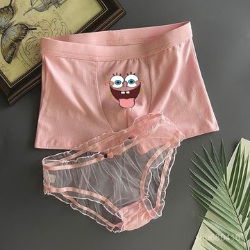 【全店免運 臺灣發貨】海綿寶寶情侶內褲一男一女粉色可愛卡通性感蕾絲夏季無痕冰絲男女冰絲內褲 無痕內無痕內褲 冰絲 速乾