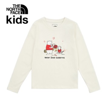 【The North Face 官方旗艦】新年款-北面兒童米白色可愛小熊與小蛇圖案長袖上衣｜8CFYQLI