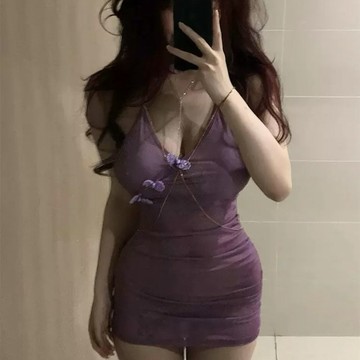 可可裡💎300斤大碼微胖mm純慾性感辣妹紫色網紗修身包臀低胸V領超僊連衣裙