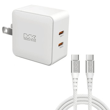 【組合價】MEGA KING 45W GaN氮化鎵PD雙孔旅充頭(2C) 白+C to C 傳輸充電編織線 2M 白