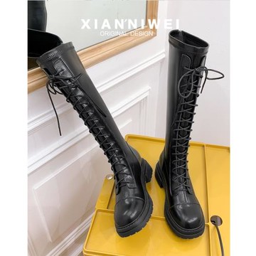 不過膝長筒靴女粗腿2025春秋新款彈力瘦瘦厚底系帶馬丁高筒騎士靴