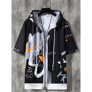 夏季潮流男裝男拉鏈連帽衛衣短袖外套上衣學生班服團服運動休閑衫