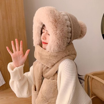 連帽圍脖毛絨帽子圍巾一體女手套三合一三件套圍脖冬季針織毛線帽冬天保暖 雙11全館免運