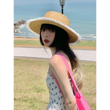 韓版ins平頂拉菲草帽女夏百搭復古海邊度假大檐防曬遮陽帽沙灘帽