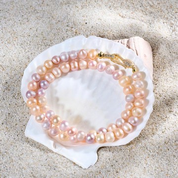 天然糖果色粉紫淡水珍珠項鍊 8-9mm 金色蛇形扣 夢幻浪漫 生日禮