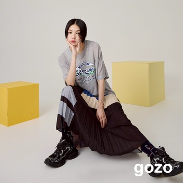 【gozo】配色造型太陽褶裙(黑色/淺卡其_F) | 女裝 修身 百搭