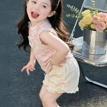 🎀biubiu童裝🎀女童新款夏季套裝寶寶洋氣花邊背心短褲T恤兒童兩件套
