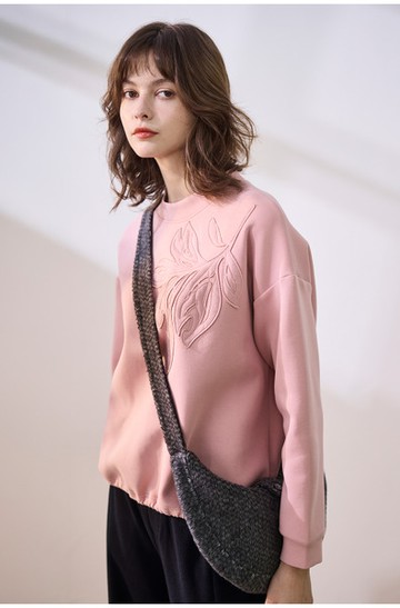 立領落肩葉子貼布繡針織衫