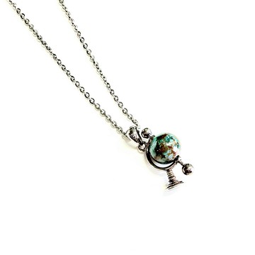 天然藍玉髓吊墜項鍊 (銀地球儀主題)