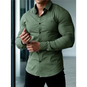 2025秋季新款男士休閑純色襯衫大碼肌肉健身長袖襯衣Men's Shirts