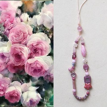 山石手作【關雎】原創設計款粉色浪漫捷克珠串珠手機掛件手機鏈