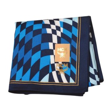 MCM 經典品牌字母LOGO藍白幾何扭曲紋圖騰帕領巾(50CM)