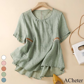 【ACheter】大碼棉麻上衣靜色娃娃衫圓領寬鬆遮肚顯瘦短袖短版上衣# 117805(現貨+預購)