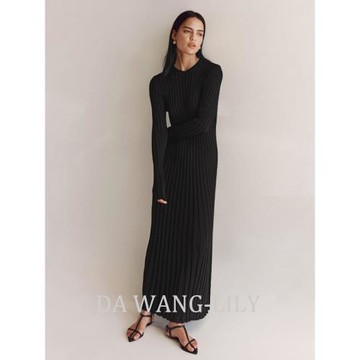 LILY/超柔軟羊毛針織連衣裙 超長彈力圓領螺紋長袖長款收腰系帶