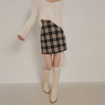 學院風格紋毛呢短裙-黑【KT21667】