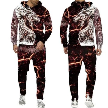 Hooded Retro Loose Print Two Piece Set連帽復古寬松印花兩件套