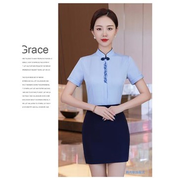空姐職業套裝襯衫制服女夏季短袖酒店前臺迎賓工作服民族風演出服