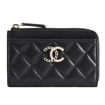 CHANEL AP4040 水鑽珠飾CC LOGO小羊皮5卡拉鍊零錢包.黑