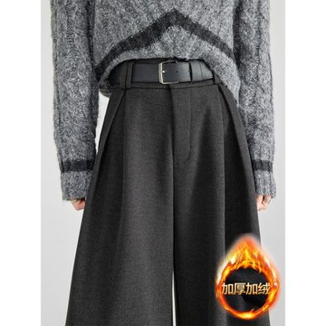 灰色加厚毛呢西裝闊腿褲女2026冬加絨褲子高腰垂感寬松直筒休閑褲
