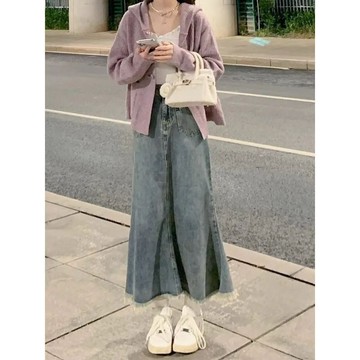8673 位老客回頭🛒高腰復古顯瘦設計感牛仔半身裙女2026年新款中長款毛邊魚尾裙B52D