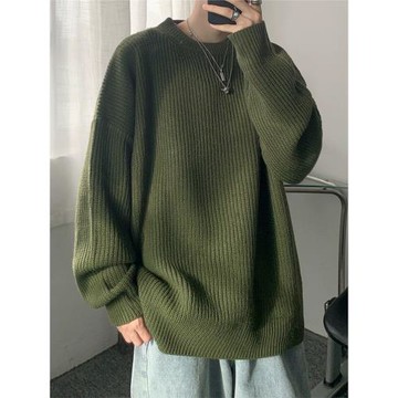 美式圓領綠色毛衣男士秋冬季港風寬松慵懶針織衫潮牌毛線衣服外套