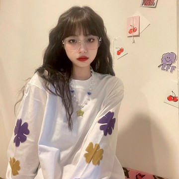 春秋薄款白色印花四葉草衛衣女設計感小眾寬松長袖上衣服