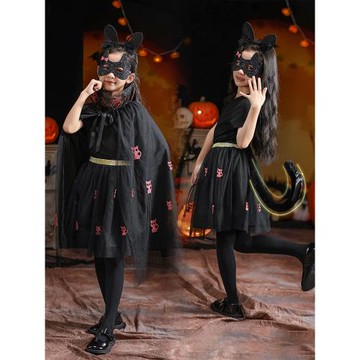 兒童萬圣節服裝cosplay女童貓咪演出服女巫披風表演服飾斗篷裝扮