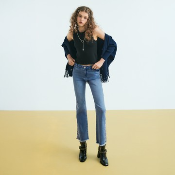 OUWEY歐薇 程式碼拼接全長微喇牛仔褲(藍色；S-L)3233398606