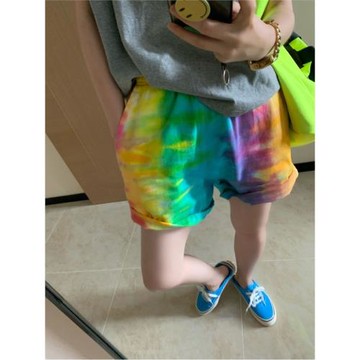 春夏大碼胖mm300斤扎染彩虹色百搭寬松顯瘦短褲韓版休閑闊腿褲子2
