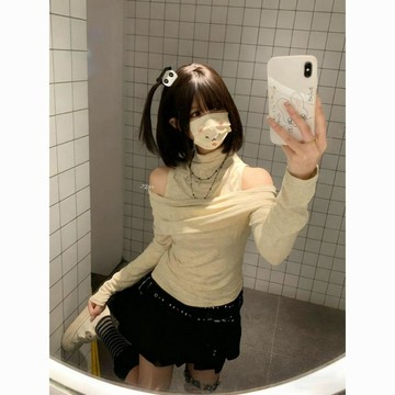 【速發】可愛宅萌系 日系辣妹 假兩件 露肩長袖 秋冬修身 打底衫 上衣 女 辣妹上衣 露肩上衣 韓系 顯瘦 內搭 外穿