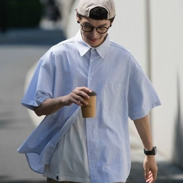 日系條紋短袖襯衫男cityboy夏季百搭休閒翻領襯衣潮牌薄款外套潮