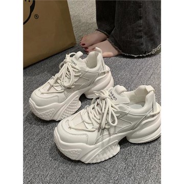 真皮網面透氣老爹鞋女2023夏季新款超高厚底松糕小個子休閑運動鞋