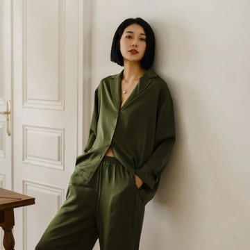 Rising Boutique 啞光設計柔滑長袖套裝-月桂綠 - Ｌ袖口刺繡