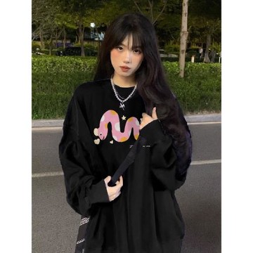 100%純棉美式復古潮牌蛇年圓領衛衣女秋冬季薄款寬松高街長袖上衣