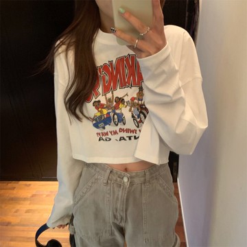 露臍高腰短款長袖t恤女秋季韓版寬松原宿bf風學生百搭ins上衣