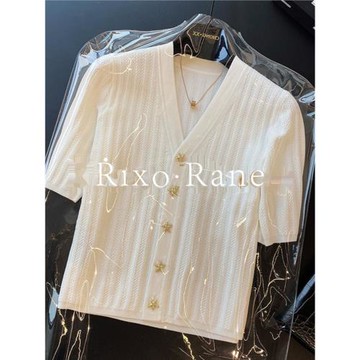(免運)法國Rixo Rane ⭐小香風V領短袖冰絲針織開衫上衣女夏氣質顯瘦T恤