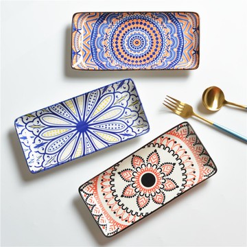 10寸長方形陶瓷盤日式釉下彩家用創意長條盤烤肉盤壽司盤魚盤