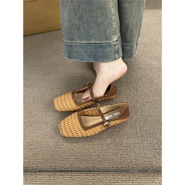 法式編織兩穿涼鞋2024年春夏新款一字扣瑪麗珍鞋方頭平底淺口單鞋
